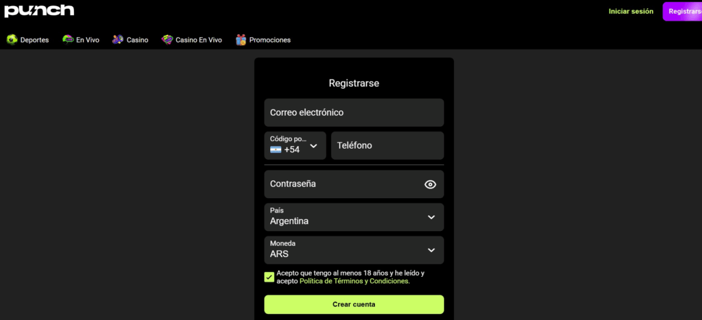 registrarse en la aplicación Punch